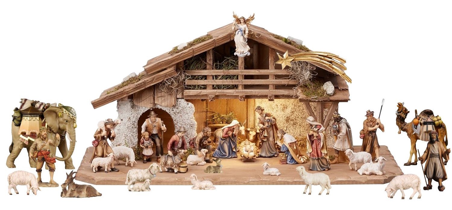 Presepe Kostner, set tradizionale di natività in legno, figure dipinte a mano